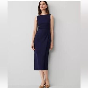 NWT $159 ANN TAYLOR  NAVY TEXTURED DRAPE BOATNECK WRAP SHEATH DRESS SZ 4P